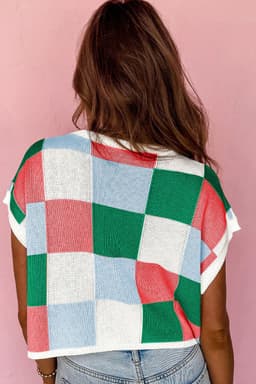 image-Dark Green Color Block Cap Sleeve Sweater