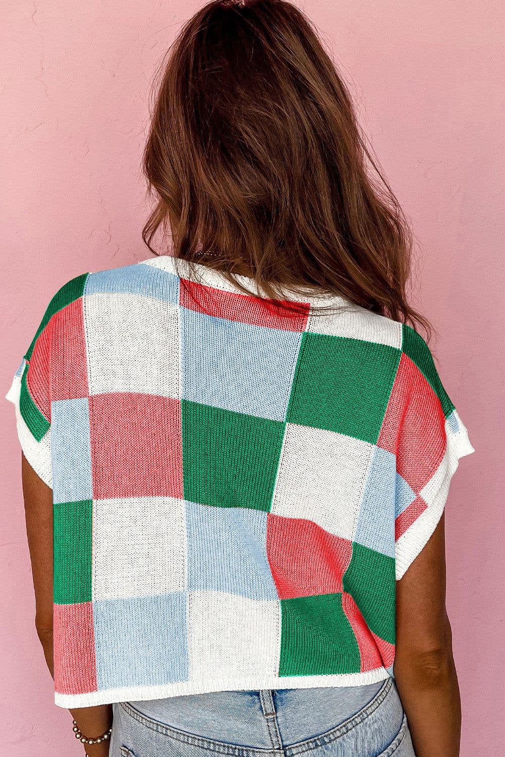 image-Dark Green Color Block Cap Sleeve Sweater