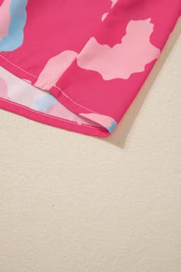 image-Rose Abstract Print Smocked Puff Sleeve V Neck Blouse