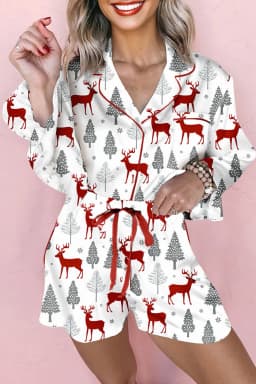 image-White Christmas Pajama Set - Velvet Trim Bow Knot