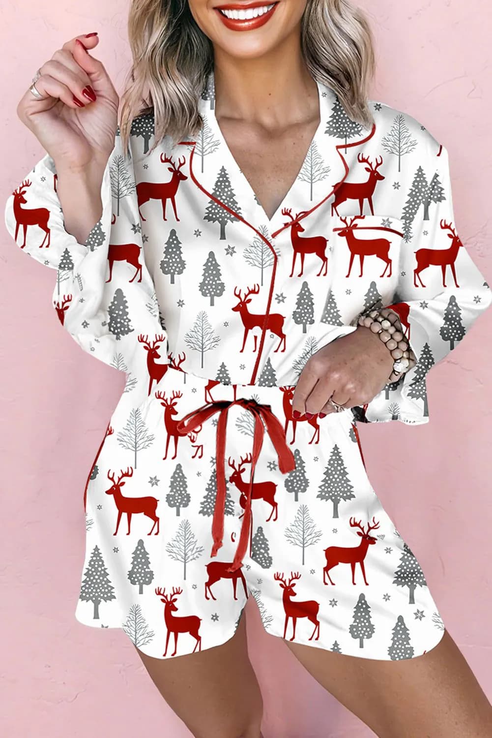 image-White Christmas Pajama Set - Velvet Trim Bow Knot