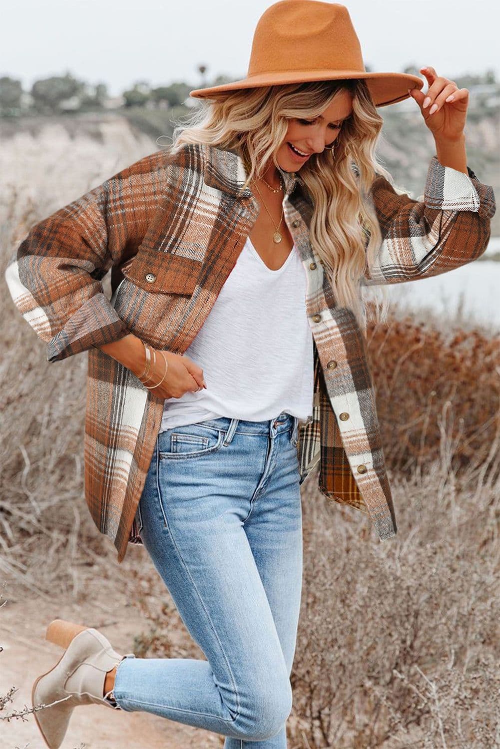 image-Shacket with Pink/Black Plaid Flap Pockets - Chic Style, Loose Fit (65 characters)