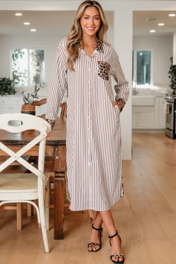 image-Sky Blue Stripe Leopard Patchwork Shirt Dress