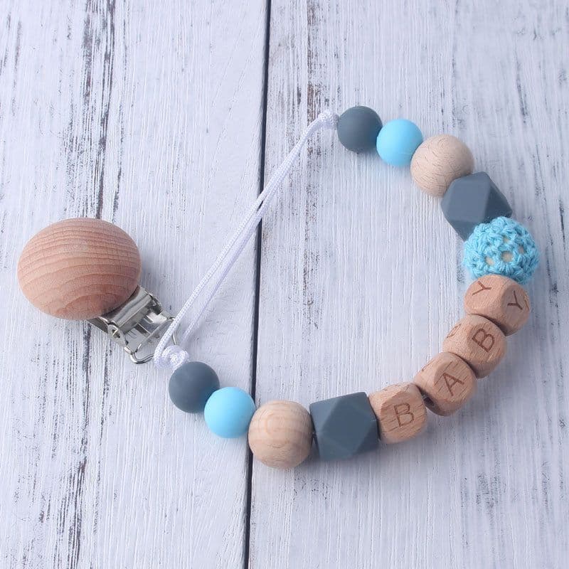 image-Wood Silicone Beads Pacifier Clip for Baby