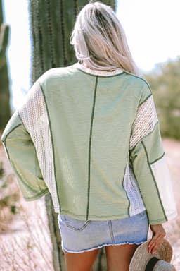 image-Crochet Detail High Low Top - Loose Fit, Vintage Style, Exposed Seam (59 characters)