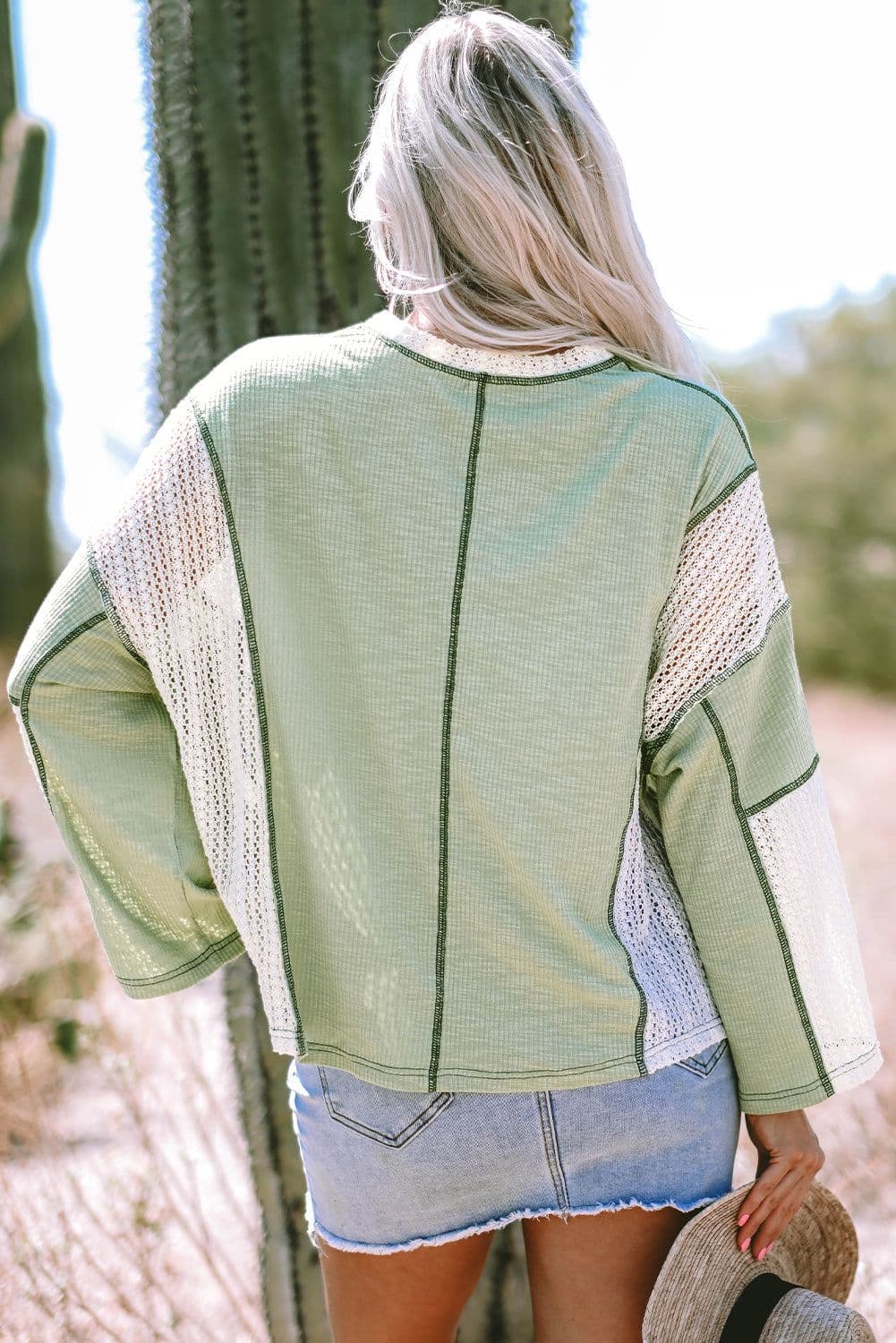 image-Crochet Detail High Low Top - Loose Fit, Vintage Style, Exposed Seam (59 characters)