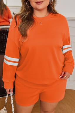 image-Orange Plus Size Varsity Striped Pullover Short Set