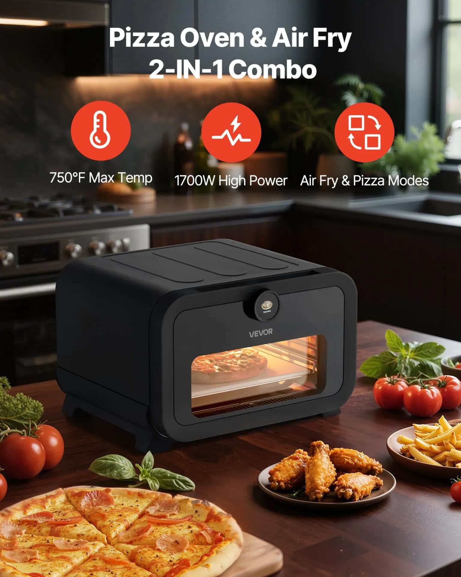 image-VEVOR Pizza Oven, 8 Presets Electric Pizza Ovens Air Fry Combo, 12-Inch Indoor Pizza Maker Smart Knob Control , 750°F Max Temp, IPX4 Waterproof Countertop Pizza Cooker w/Pizza Stone,Fry Basket