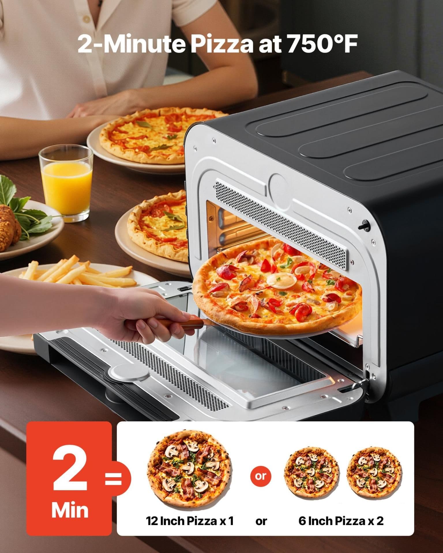 image-VEVOR Pizza Oven, 8 Presets Electric Pizza Ovens Air Fry Combo, 12-Inch Indoor Pizza Maker Smart Knob Control , 750°F Max Temp, IPX4 Waterproof Countertop Pizza Cooker w/Pizza Stone,Fry Basket