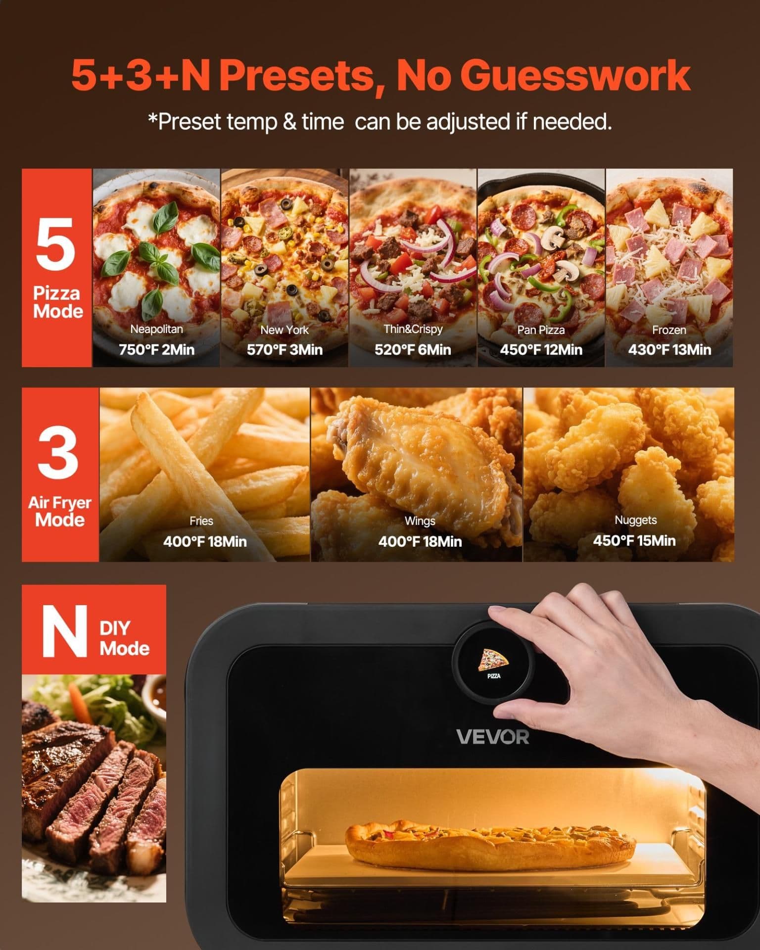 image-VEVOR Pizza Oven, 8 Presets Electric Pizza Ovens Air Fry Combo, 12-Inch Indoor Pizza Maker Smart Knob Control , 750°F Max Temp, IPX4 Waterproof Countertop Pizza Cooker w/Pizza Stone,Fry Basket
