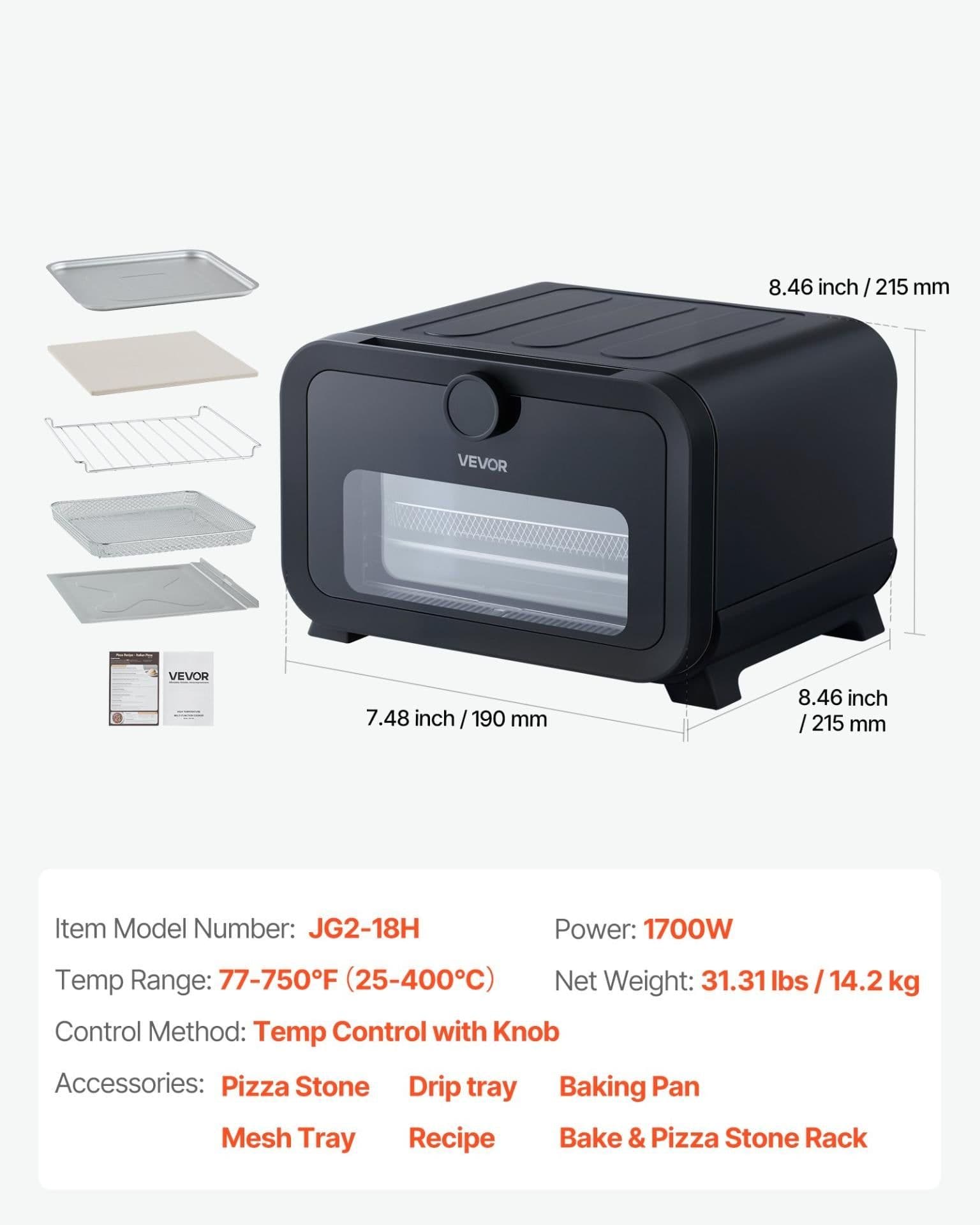 image-VEVOR Pizza Oven, 8 Presets Electric Pizza Ovens Air Fry Combo, 12-Inch Indoor Pizza Maker Smart Knob Control , 750°F Max Temp, IPX4 Waterproof Countertop Pizza Cooker w/Pizza Stone,Fry Basket
