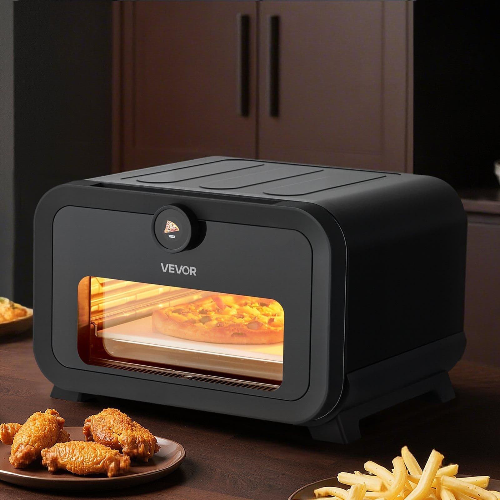 image-VEVOR Pizza Oven, 8 Presets Electric Pizza Ovens Air Fry Combo, 12-Inch Indoor Pizza Maker Smart Knob Control , 750°F Max Temp, IPX4 Waterproof Countertop Pizza Cooker w/Pizza Stone,Fry Basket