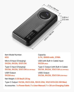 image-VEVOR Portable Charger, with Built-in Cables, 10000 mAh Travel Battery Pack, 6 Outputs 3 Inputs Fast Charging Power Bank with USB Type-C Micro-B Input, Smart LED Display, for iPhone, Samsung, Android