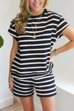 image-Black & White Striped Top & Shorts Set, Short Sleeve, Medium-High Elasticity
