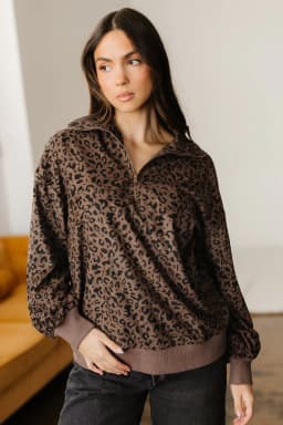 image-Brown Leopard Print Quarter Zip Corduroy Sweatshirt