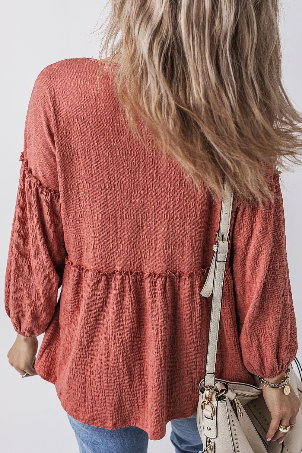 image-Mineral Red Textured Frilled Trim V Neck Blouse with Puff Sleeves