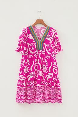 image-Boho Mixed Print V Neck Flared Dress - Short Sleeve - Contrast Trim