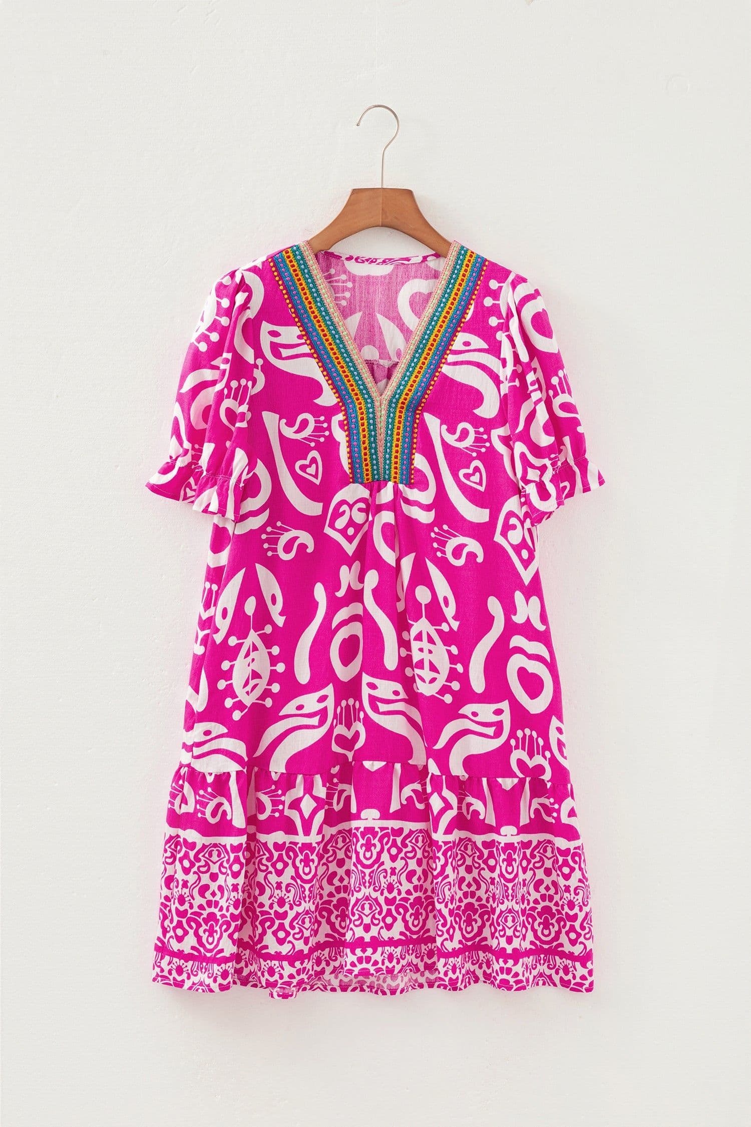 image-Boho Mixed Print V Neck Flared Dress - Short Sleeve - Contrast Trim