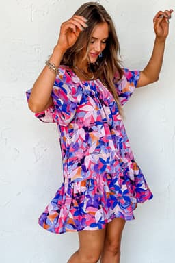 image-Purple Ruffled Short Sleeve Floral Print Dress - Sizes Available (59 characters)