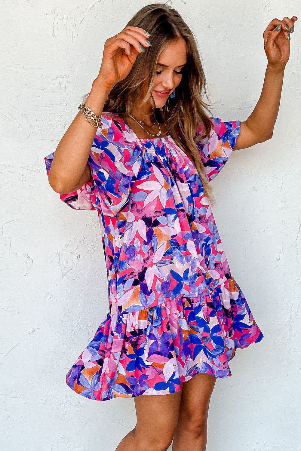 image-Purple Ruffled Short Sleeve Floral Print Dress - Sizes Available (59 characters)