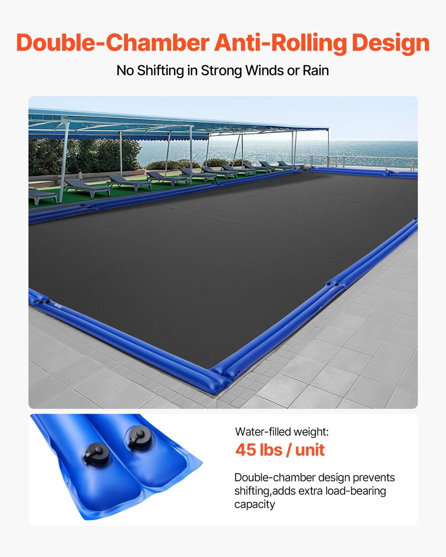 image-VEVOR Pool Cover Water Bags, 5 Packs 8 Ft, Double Chamber Pool Cover Water Tubes, 0.4mm Thick PVC Bags Weights with Leakproof Screw Cap, for Inground Swimming-Pool Covers Winter Closing, Blue