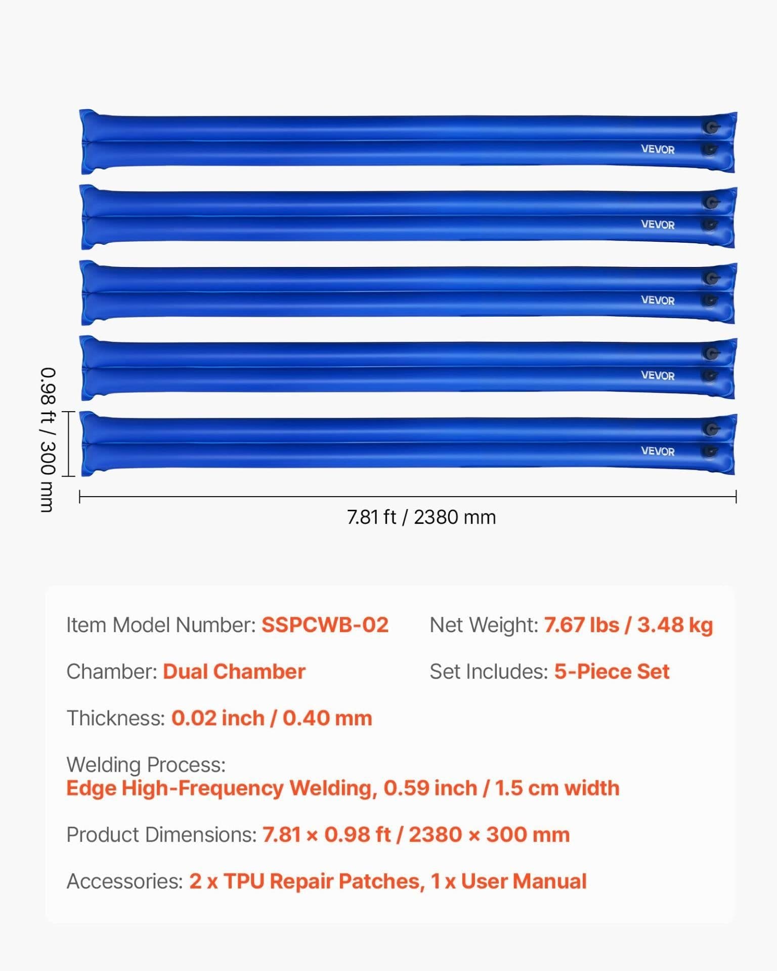 image-VEVOR Pool Cover Water Bags, 5 Packs 8 Ft, Double Chamber Pool Cover Water Tubes, 0.4mm Thick PVC Bags Weights with Leakproof Screw Cap, for Inground Swimming-Pool Covers Winter Closing, Blue