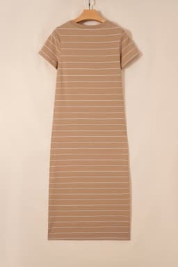 image-Khaki Stripe Casual Short Sleeve Side Slit Maxi T Shirt Dress
