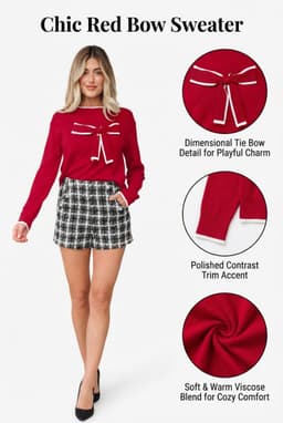 image-Black Cropped Sweater Big Bow Contrast Trim Holiday