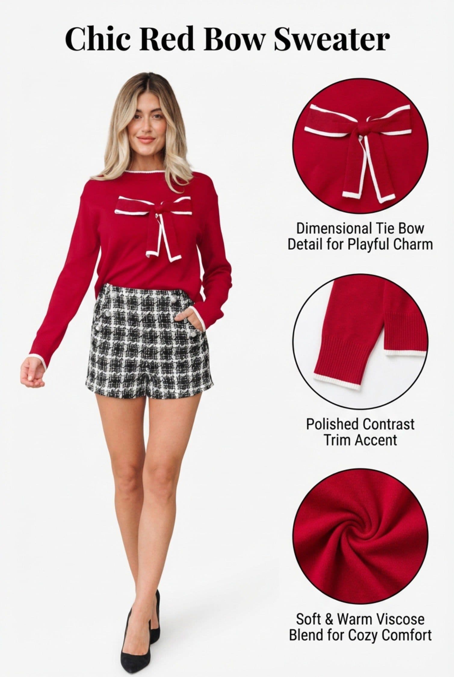 image-Black Cropped Sweater Big Bow Contrast Trim Holiday