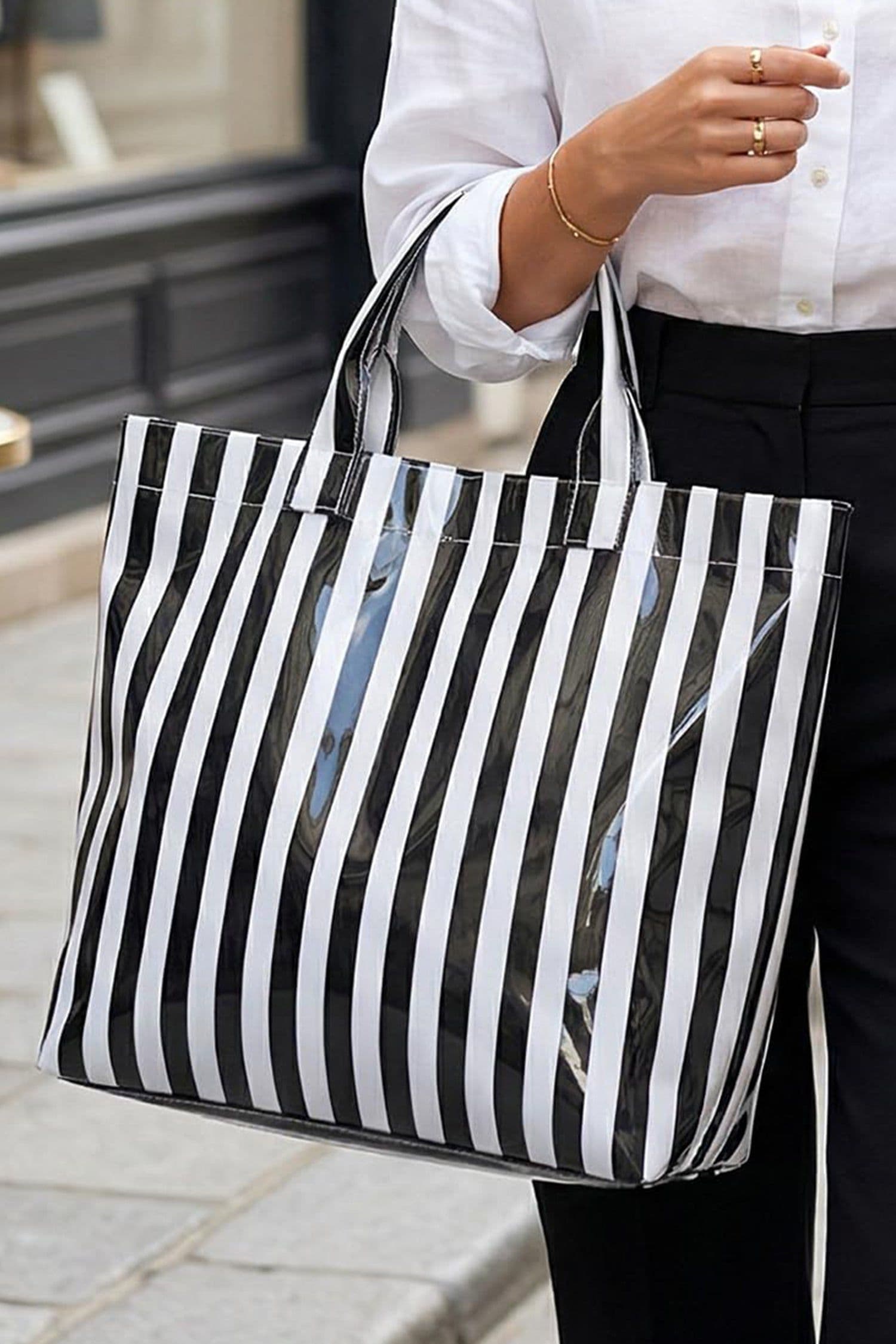 image-Black Glossy Striped Vinyl Large Tote Bag