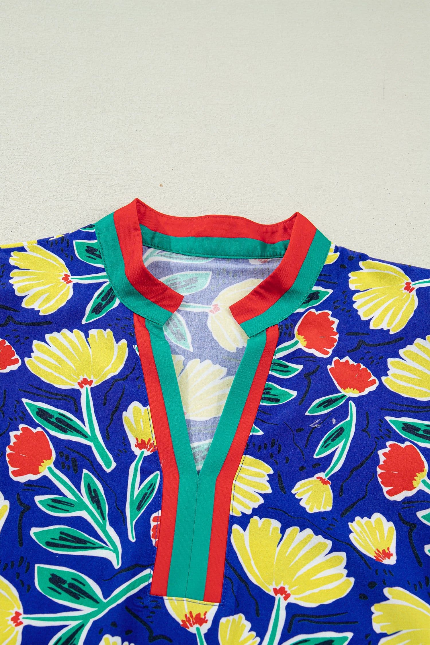 image-Blue Wild Floral Printed Contrast Striped Patchwork V Neck Short Sleeve Blouse