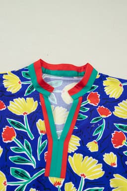 image-Blue Wild Floral Printed Contrast Striped Patchwork V Neck Short Sleeve Blouse