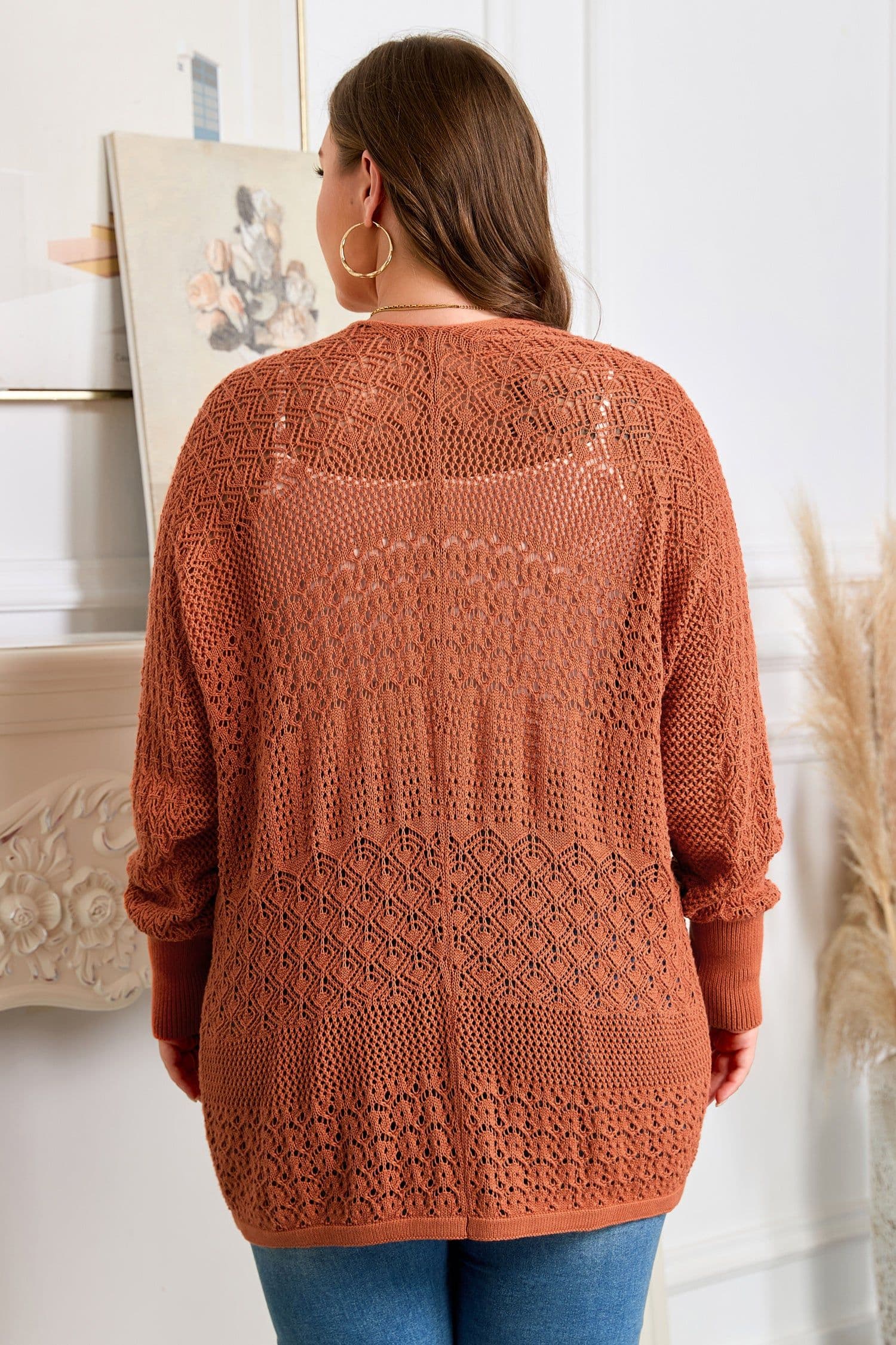 image-Redwood Plus Cardigan - Mixed Pattern Knitted - Open Front - Plus Size