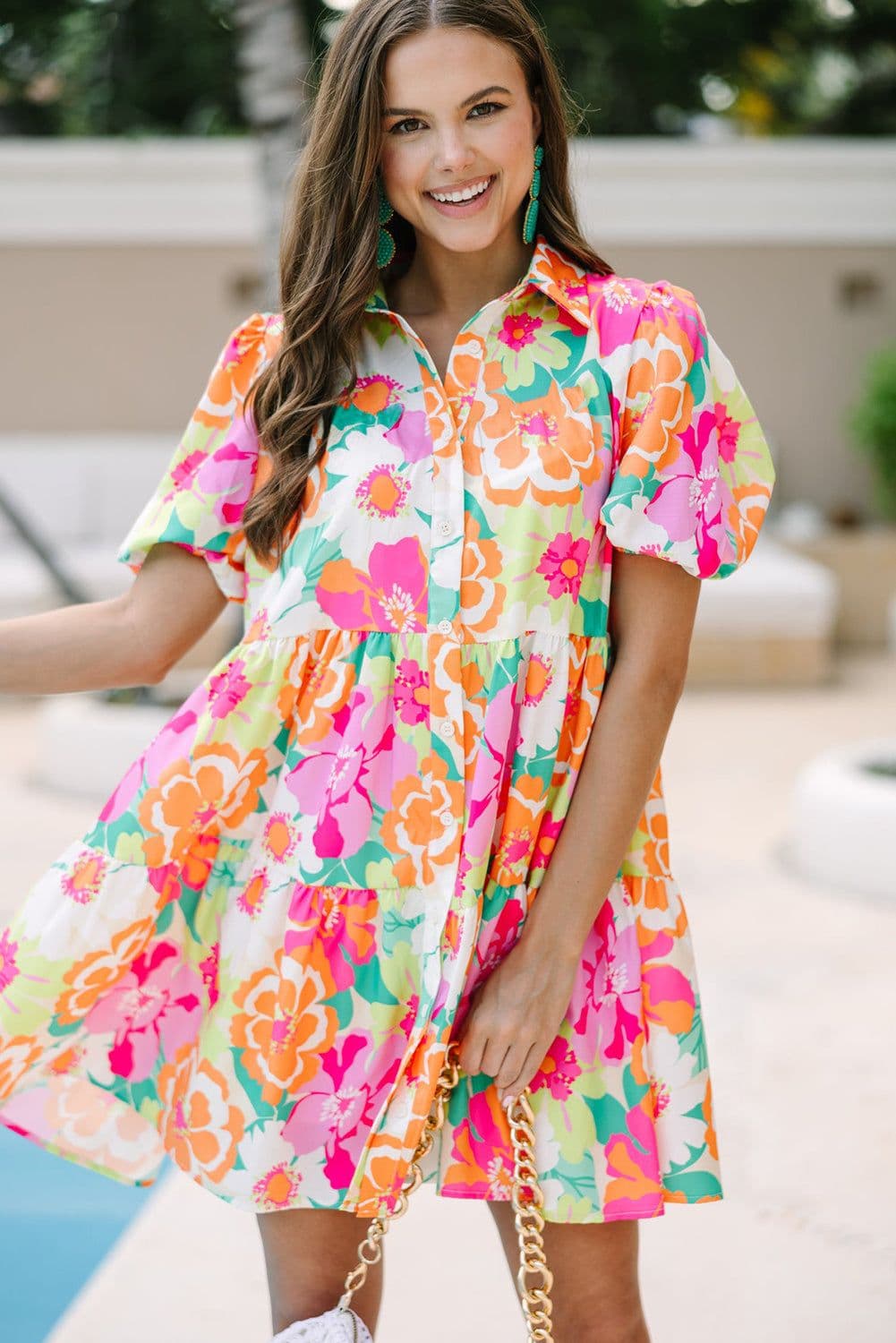 image-Pink Floral Puff Sleeve Collar Buttoned Babydoll Dress