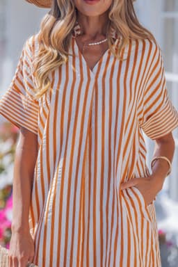 image-Brown Stripe Pinched V Neck Turn-up Cuffs Shift Mini Dress