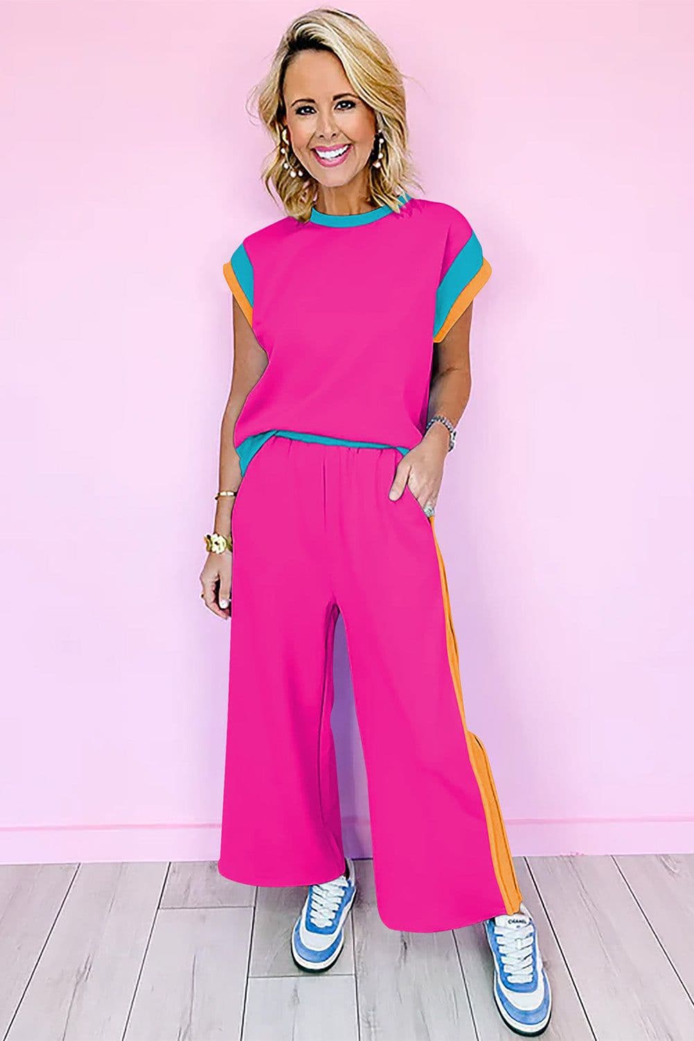 image-Strawberry Pink Color Block Two-Piece Set