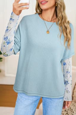 image-Beau Blue Floral Lace Waffle Patchwork Top