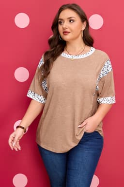image-Chestnut Animal Color Block Patchwork Plus Size Tee