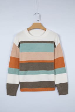 image-White Striped Color Block Knit Drop Shoulder Sweater