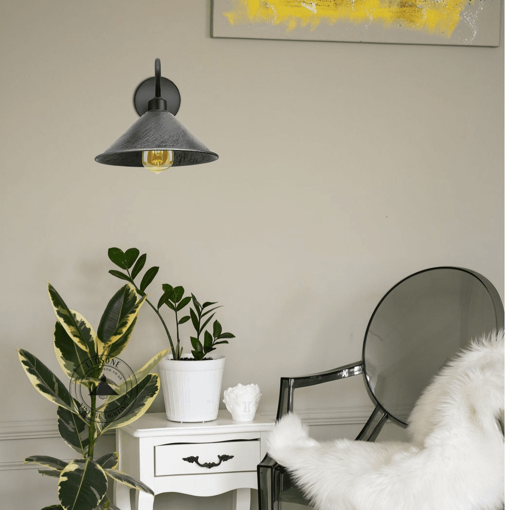 image-Brushed Silver Wall Light Fixture,Black Wall Sconce E27 Base Socket Screw Type Wall Mounted Swan Neck Cone Shape Shade