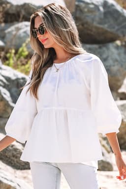image-White Bow Knot Cutout Back Loose Fit 3/4 Sleeve Blouse