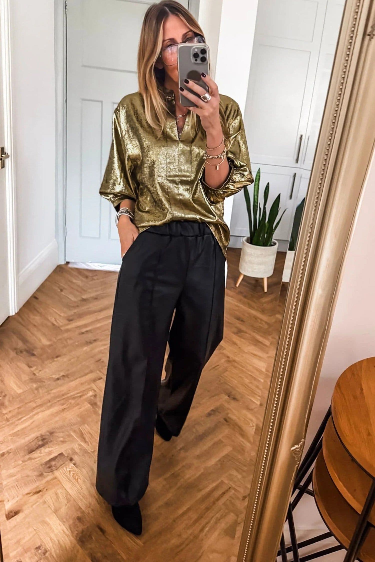 image-Gold Metallic Split Neck Half Sleeve Blouse