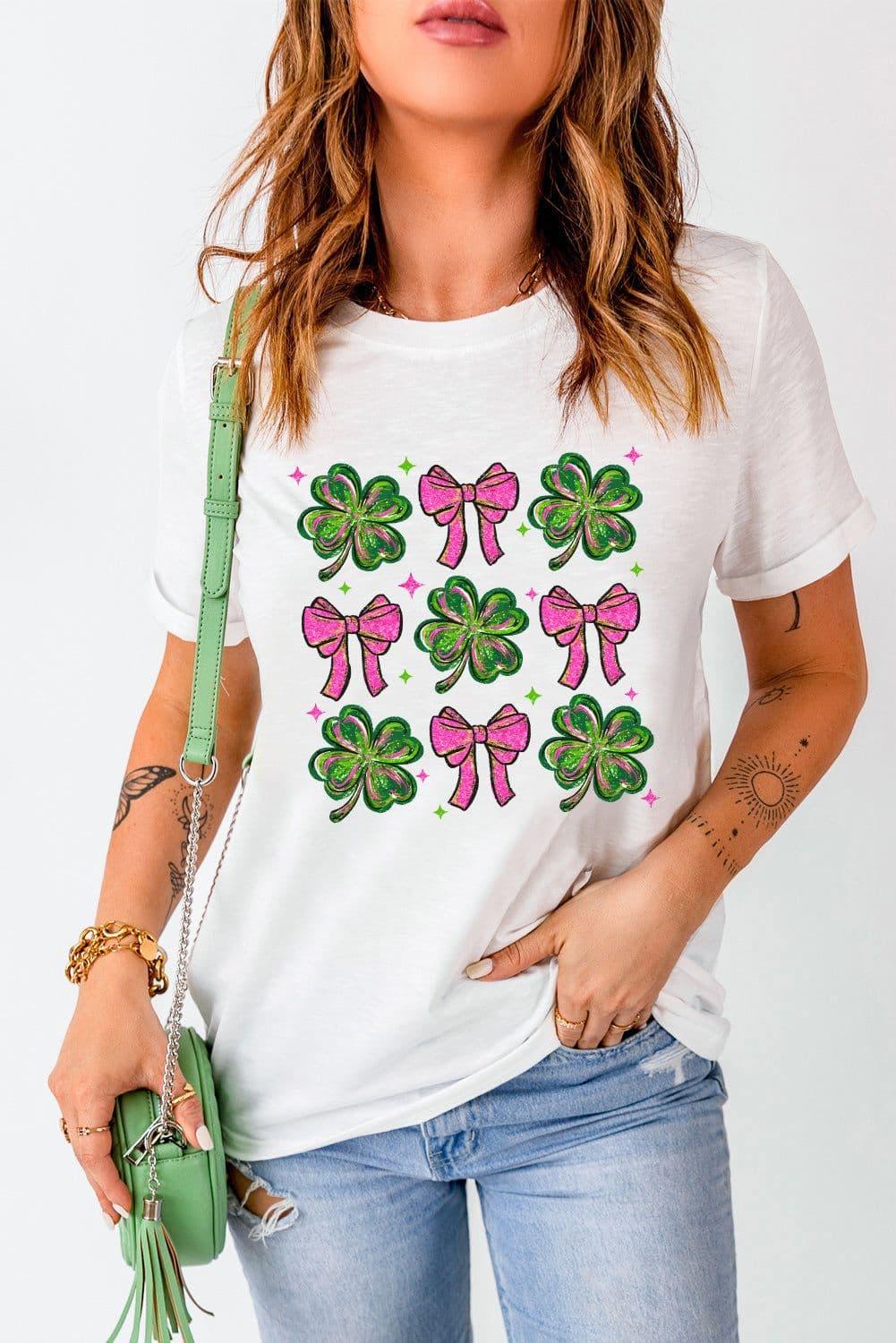 image-White St Patrick Shamrock Bowknot Crewneck Tee
