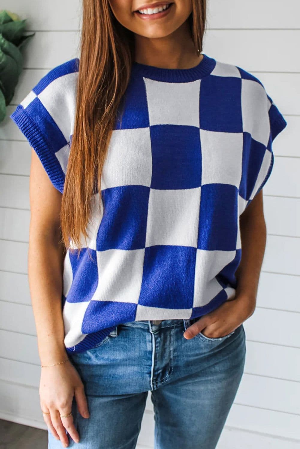 image-Dark Blue Checkerboard Sweater Vest Round Neck