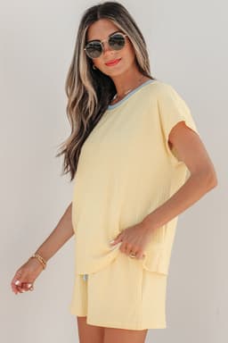 image-Aqua Soft Ribbed Color Block Trim Casual Shorts Set