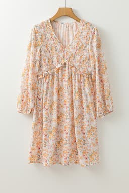 image-Yellow Floral Ruffled Empire Waist Mini Dress - Boho Style