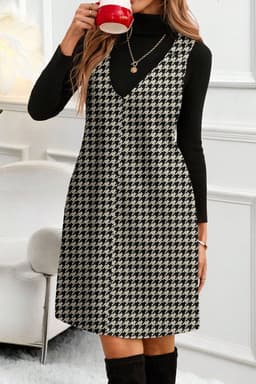 image-Red Houndstooth Print V Neck Sleeveless Mini Dress