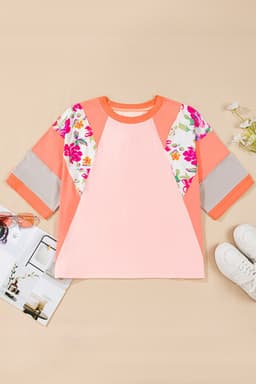 image-Plus Size Floral Print Patchwork Raglan Sleeve Top - Orange