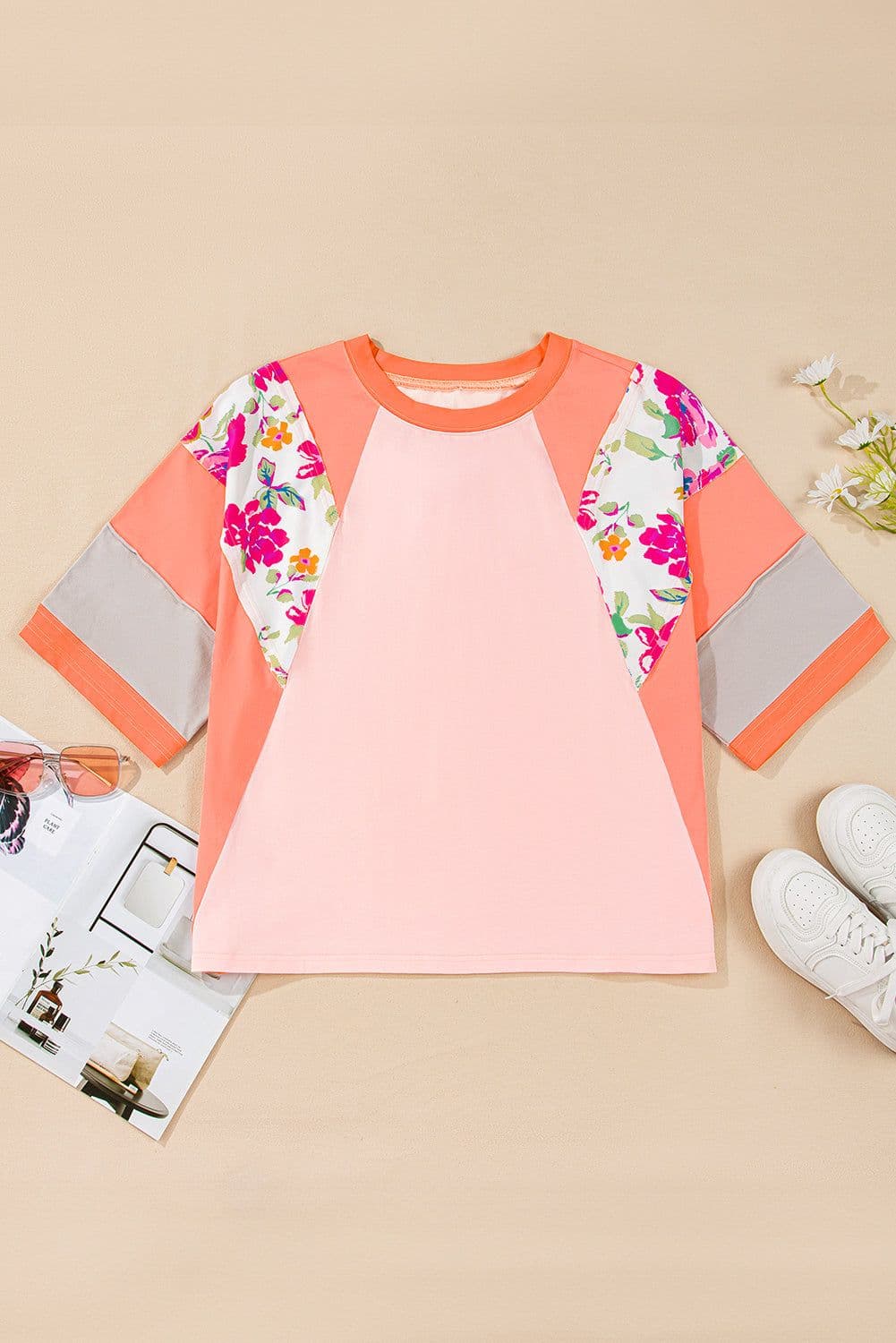 image-Plus Size Floral Print Patchwork Raglan Sleeve Top - Orange