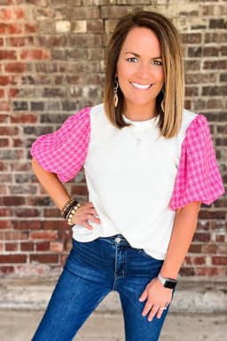 image-White Contrast Tweed Puff Sleeve Top